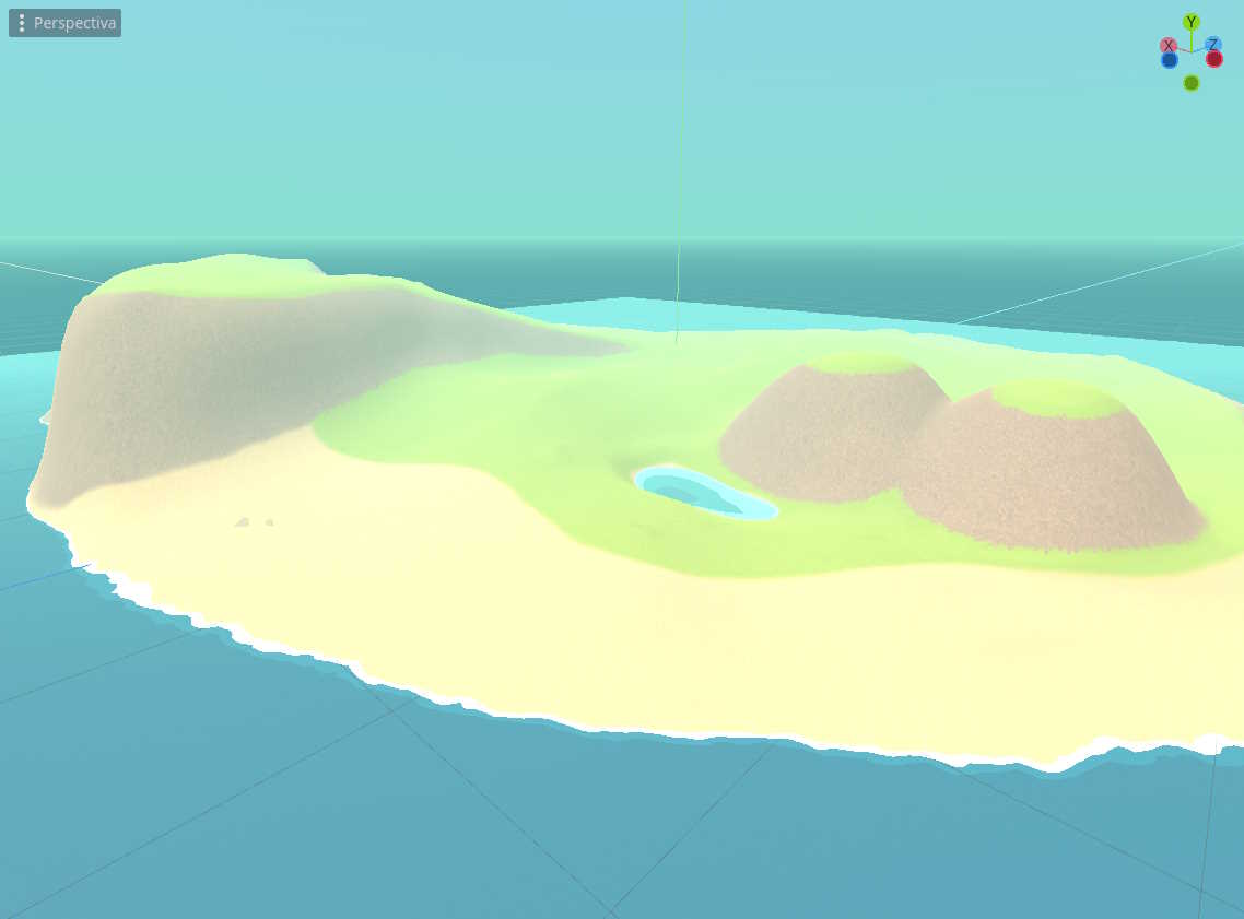 A nice-looking 3D island with some mountains, grass places and coasts. Some fog can be appreciated, making the environment a bit foggy and rainy looking.